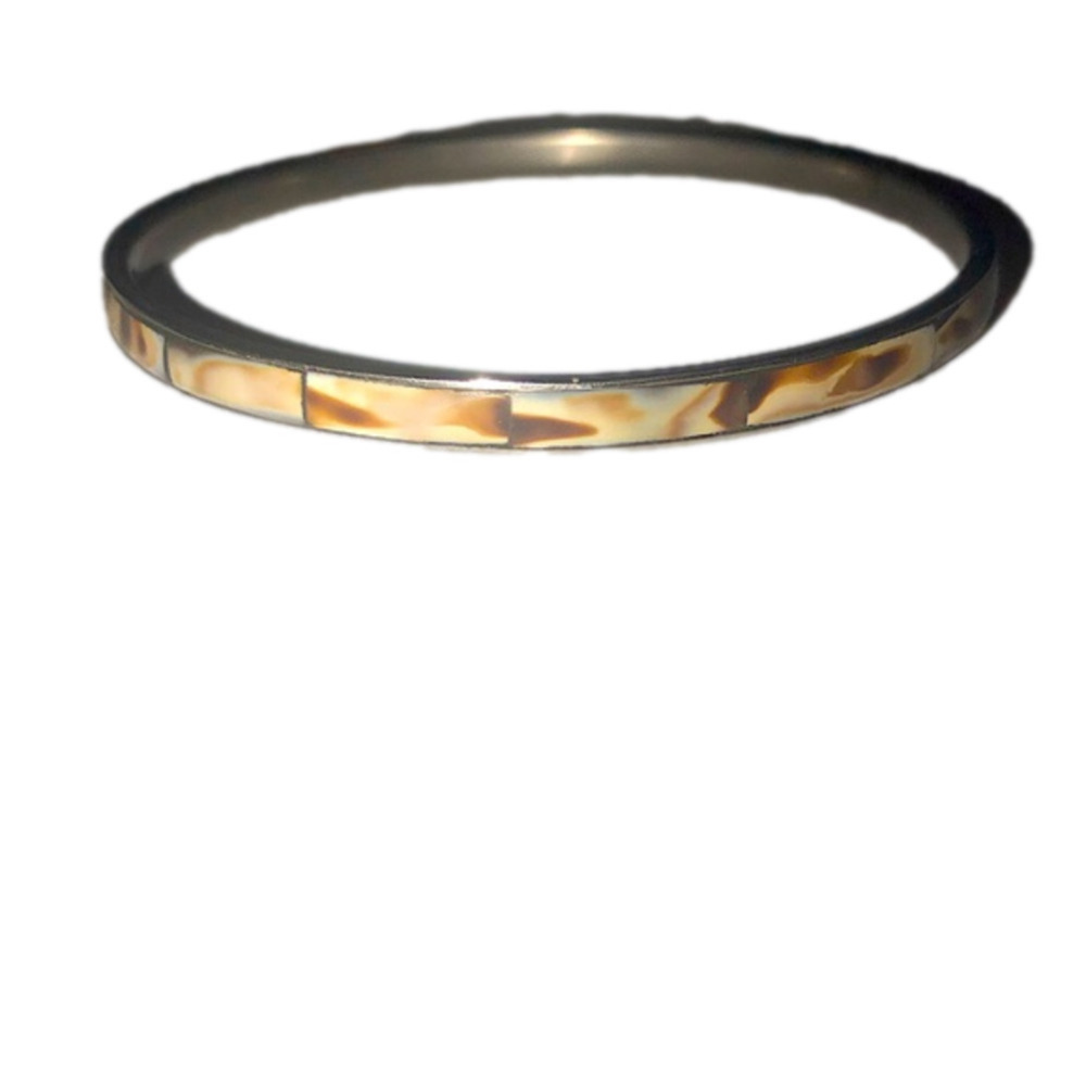 VTG Conch Shell Rectangle Tile Inlay Silver Tone Metal Bangle 8” C / 2.5” D